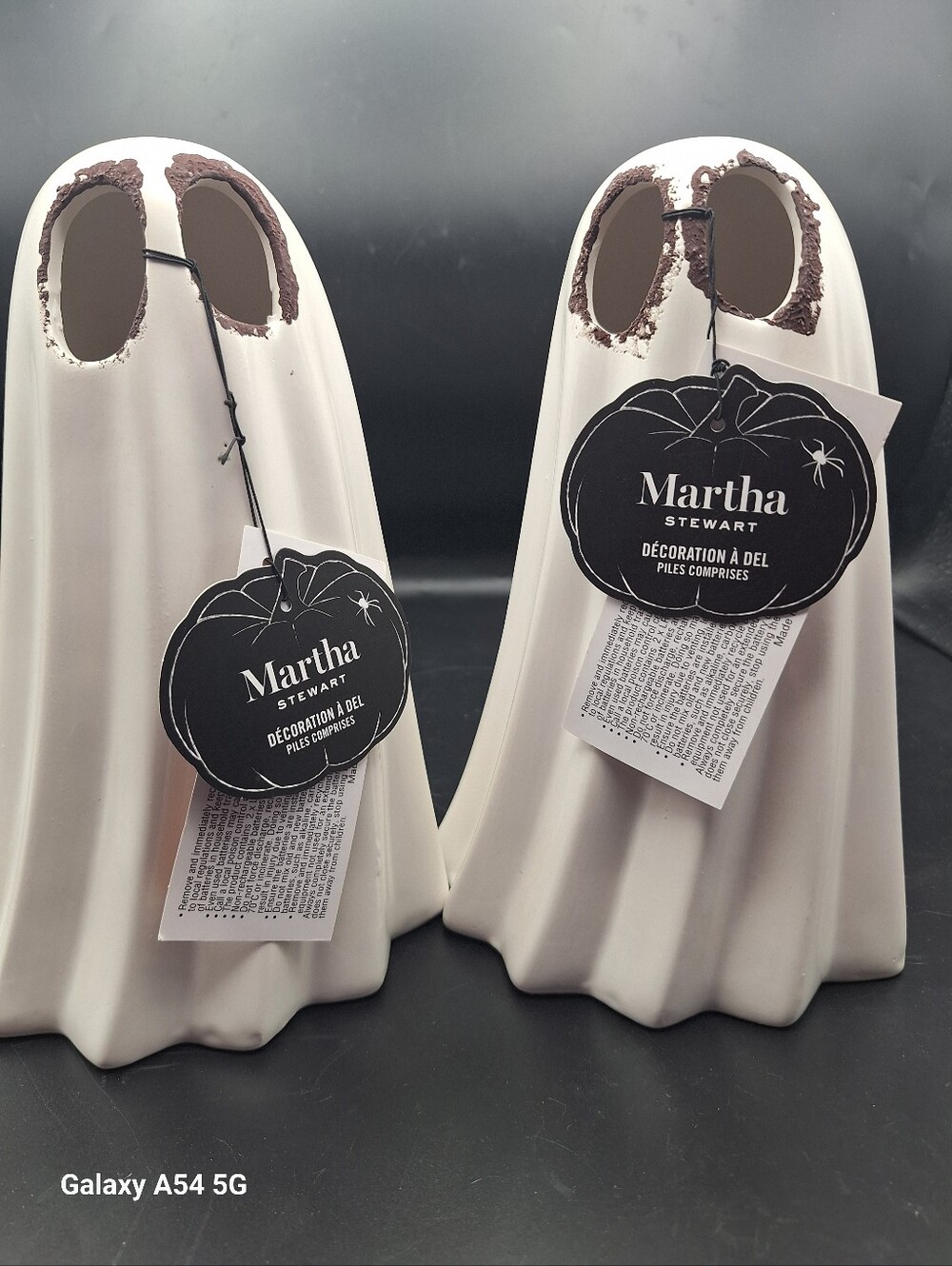 Martha Stewart White Ceramic Ghost Pair with Brown Distressed Eyes